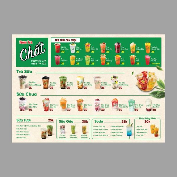In menu trà sữa giá rẻ, mẫu đẹp tại In Hoa Long