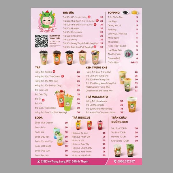 In menu trà sữa giá rẻ, mẫu đẹp tại In Hoa Long