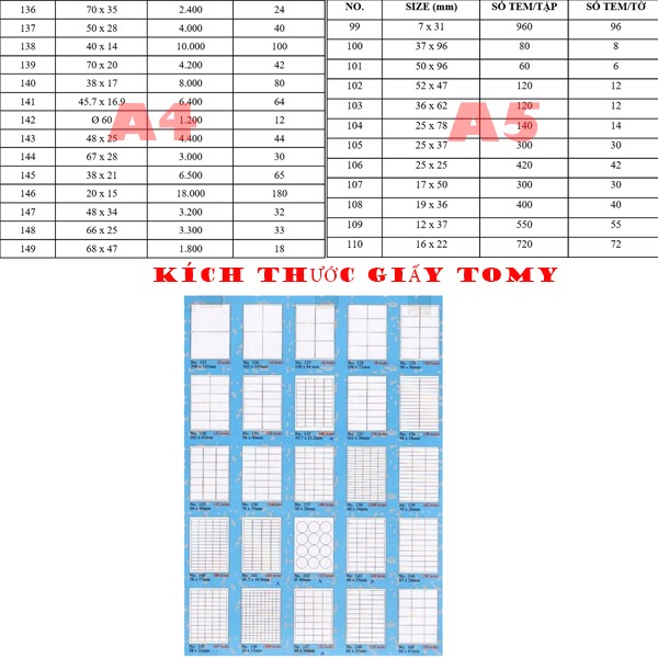 Kích thước giấy dán tomy khổ A4, A5