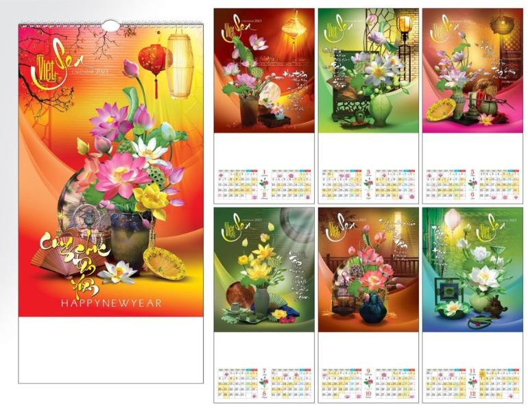 In lịch chủ đề hoa sen treo tường sắc nét
