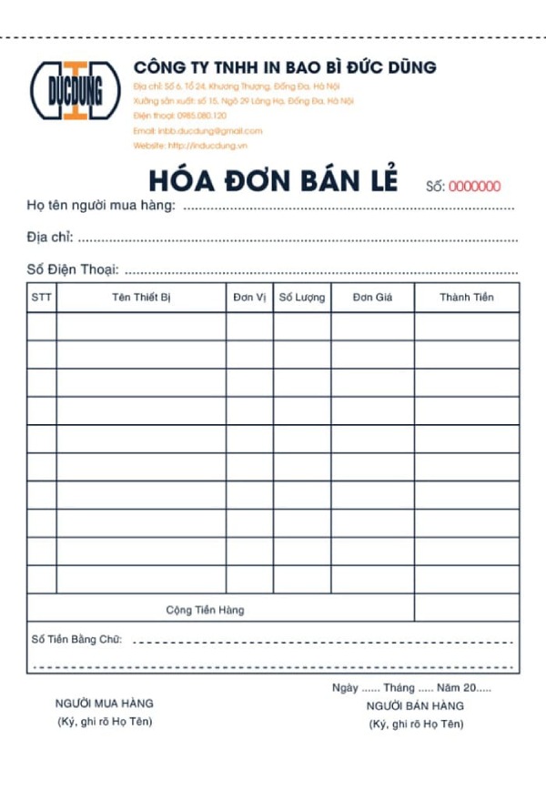 In Hoa Long nhận thiết kế và in ấn mẫu hóa đơn bán lẻ lấy ngay