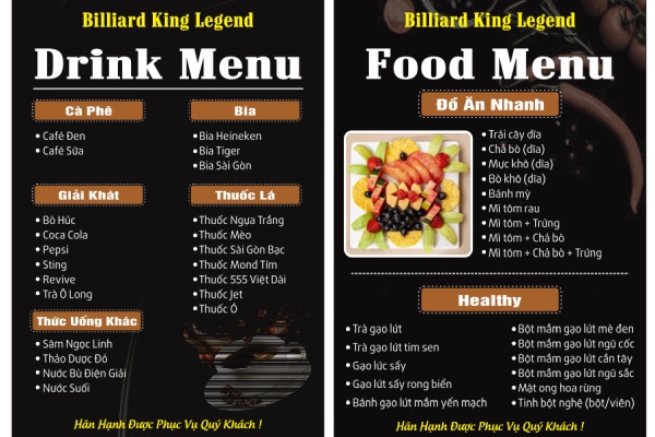 In Hoa Long nhận thiết kế và in ấn mẫu menu quán bida theo yêu cầu