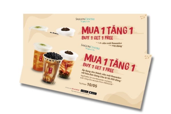 Mẫu voucher trà sữa mua 1 tặng 1