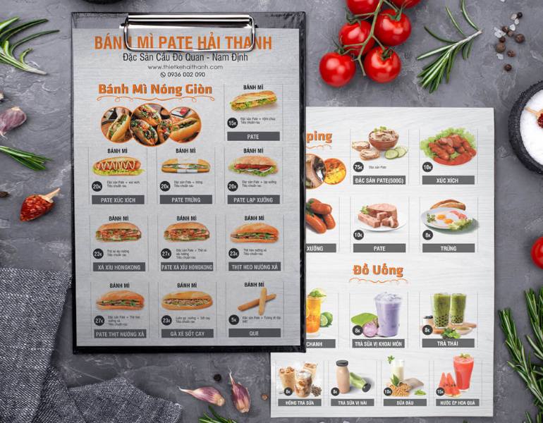 In menu tiệm bánh mì dạng bảng
