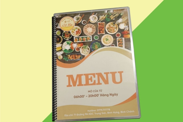 Mẫu menu ép plastic đóng gáy lò xo