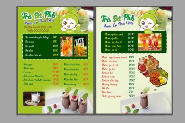 Mẫu menu quán trà đá a4 2 mặt