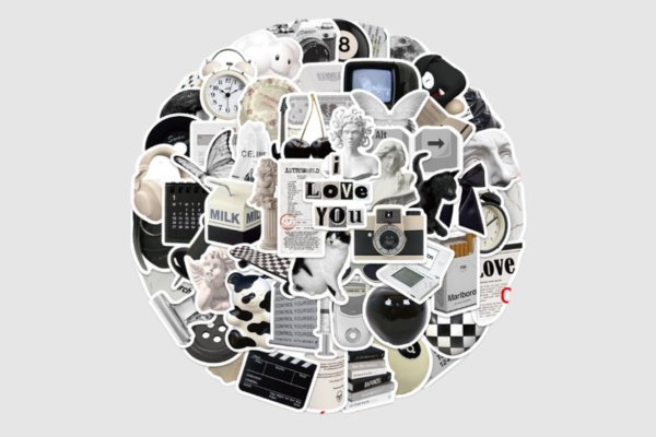 Bộ sticker hoạt hình trắng đen decal giấy