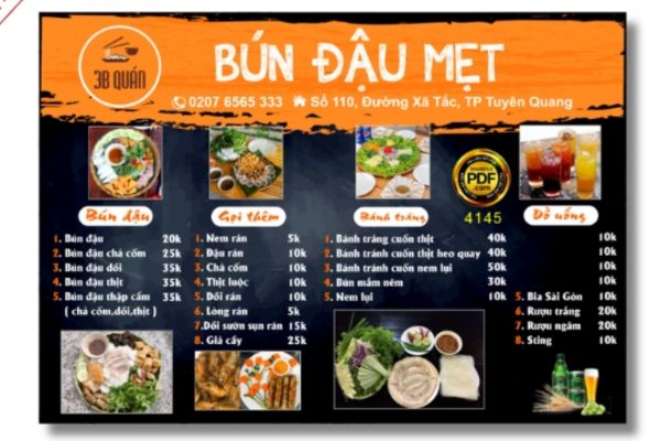 Mẫu menu bún đậu đẹp, chất lượng cao