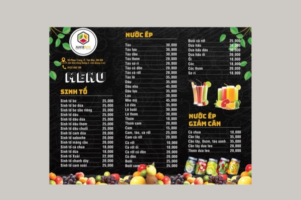 Full các mẫu menu quán nước ép đẹp mắt hấp dẫn