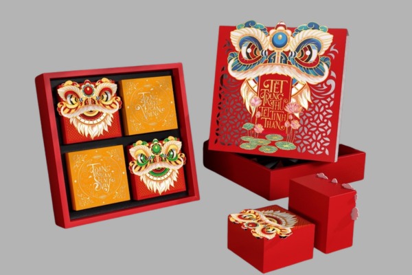 Mẫu in hộp bánh trung thu múa lân gia công tinh xảo