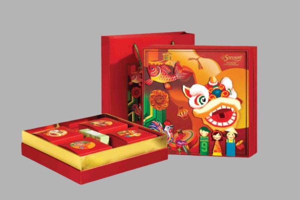 Mẫu in hộp bánh trung thu múa lân kết hợp hiện đại và truyền thống