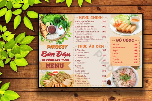 Mẫu menu bún đậu đẹp, chất lượng cao