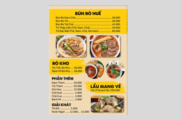 Mẫu menu bún bò hút khách