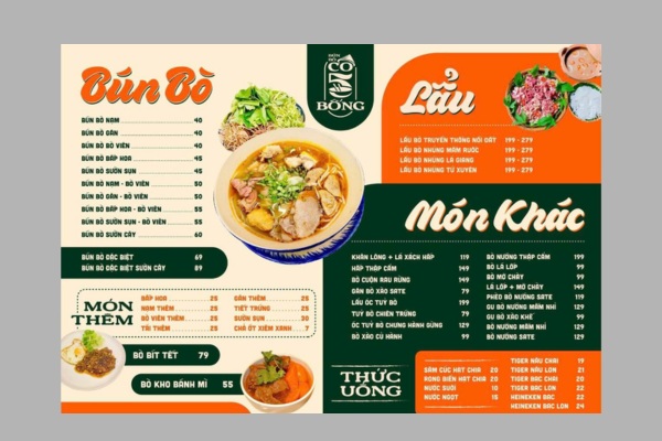 Mẫu menu bún bò khổ ngang