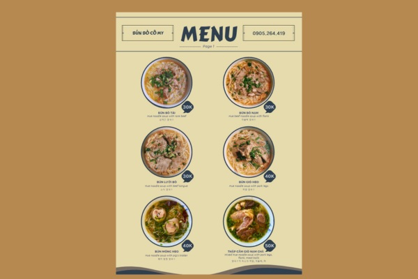 Mẫu menu bún bò truyền thống