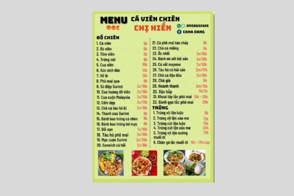 Mẫu menu cá viên chiên độc đáo