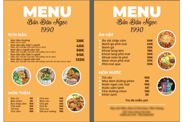 Mẫu menu bún đậu đẹp, chất lượng cao