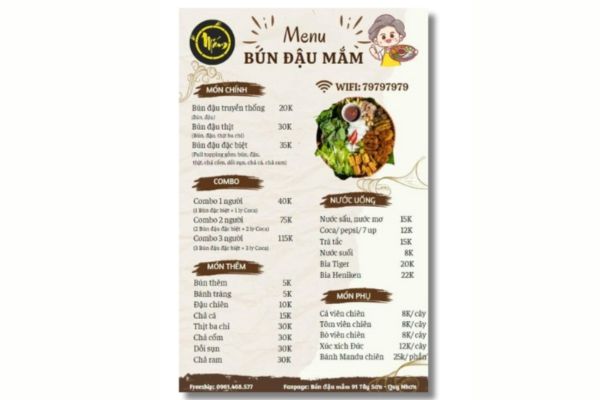 Mẫu menu bún đậu đẹp, chất lượng cao