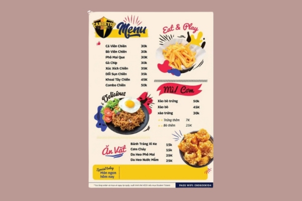 Mẫu menu quán net đẹp mắt, thu hút