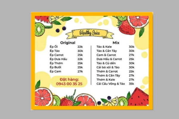 Mẫu menu quán nước ép đẹp mắt