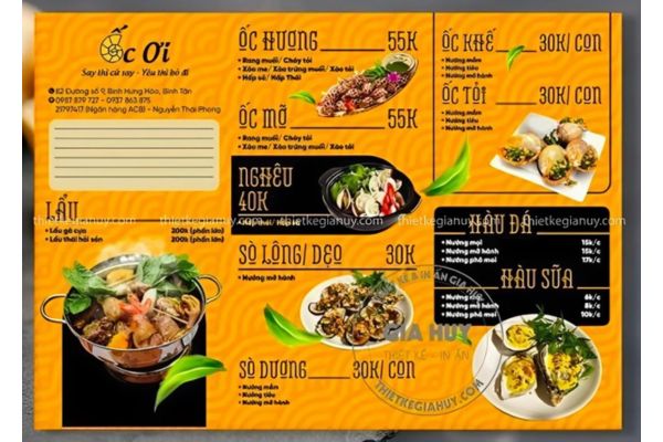 Mẫu menu quán ốc đẹp, giá rẻ tại Hà Nội