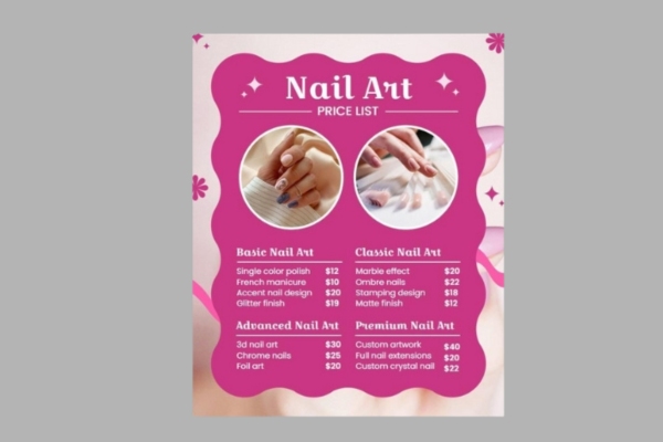 Mẫu menu tiệm nail phong cách nhẹ nhàng