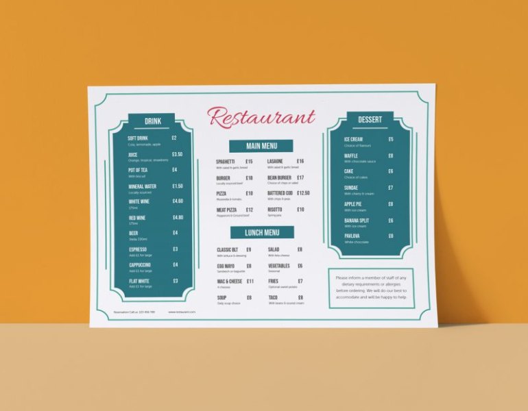 In menu A3 đẹp mắt