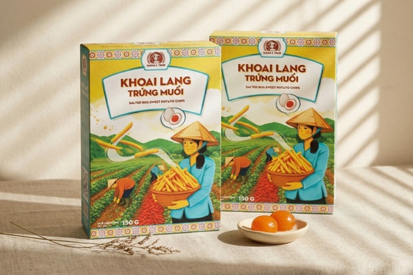 Mẫu in hộp khoai môn sấy hình ảnh chân thực