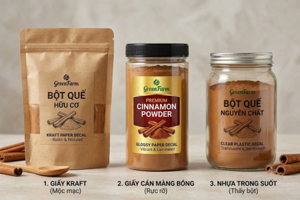 Mẫu in tem nhãn bột quế đa dạng chất liệu