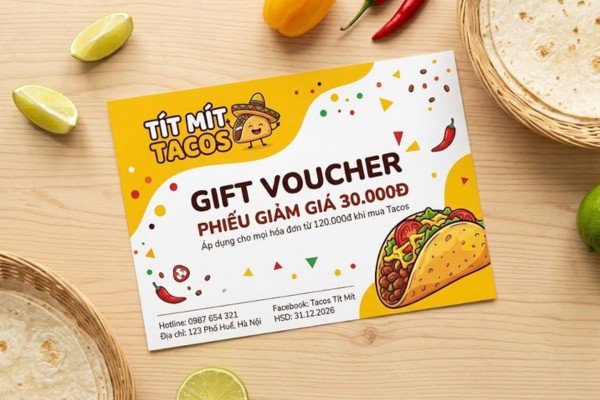 Mẫu in voucher quán bánh Tacos ấn tượng