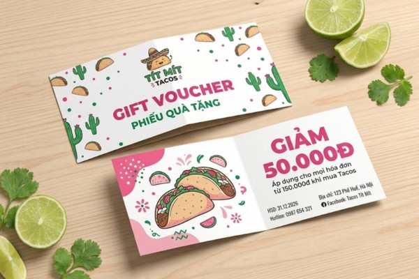 Mẫu in voucher quán bánh Tacos đẹp mắt