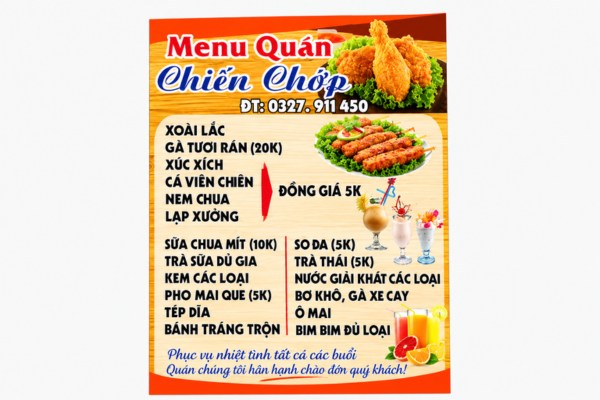 Mẫu menu quán ăn vặt đẹp mắt