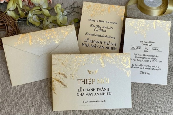 Mẫu thiệp mời khánh thành in ép nhũ