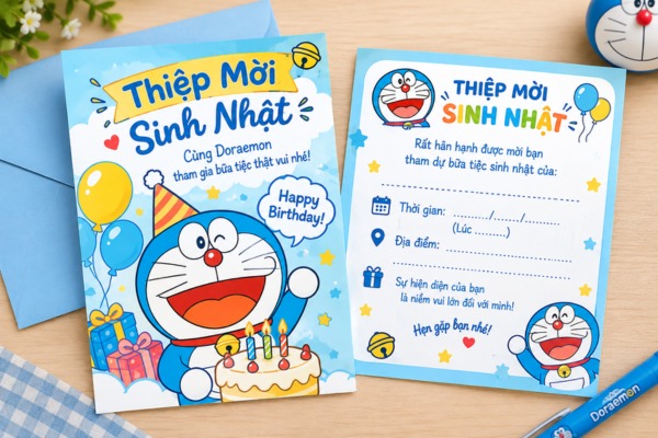 Mẫu thiệp mời sinh nhật Doraemon cute