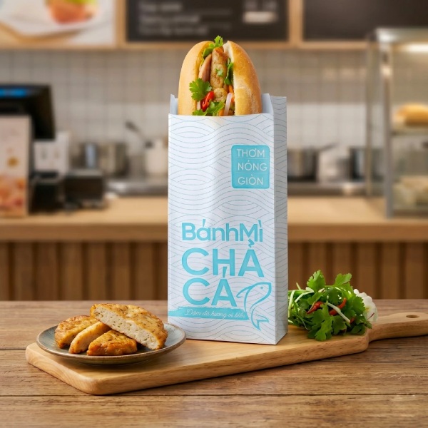 In Hoa Long nhận thiết kế và in ấn túi giấy đựng bánh mì chả cá chuyên nghiệp