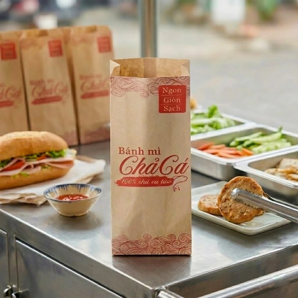 In Hoa Long nhận thiết kế và in ấn túi giấy đựng bánh mì chả cá giấy kraft