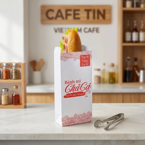 In Hoa Long nhận thiết kế và in ấn túi giấy đựng bánh mì chả cá số lượng ít