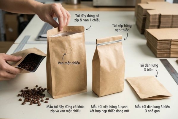 Các kiểu túi giấy kraft đựng cà phê mộc mạc