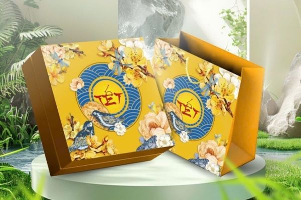In hộp quà Tết mai vàng mẫu đẹp