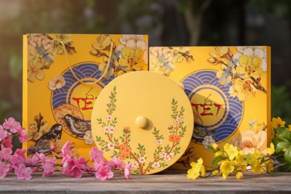 In hộp quà Tết mai vàng mẫu đẹp