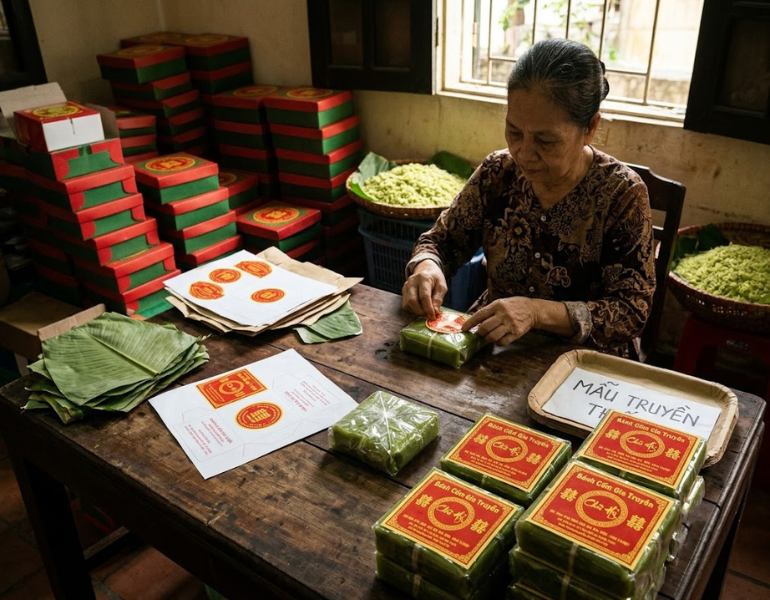 In tem dán bánh cốm khẳng định uy tín