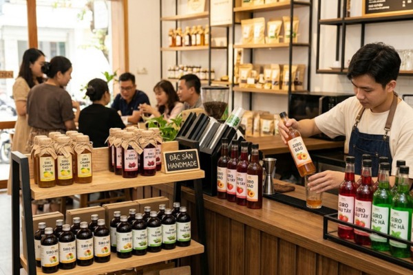Mẫu in tem nhãn siro nổi bật trên kệ hàng