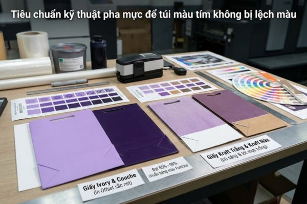 Mẫu túi giấy màu tím chuẩn màu